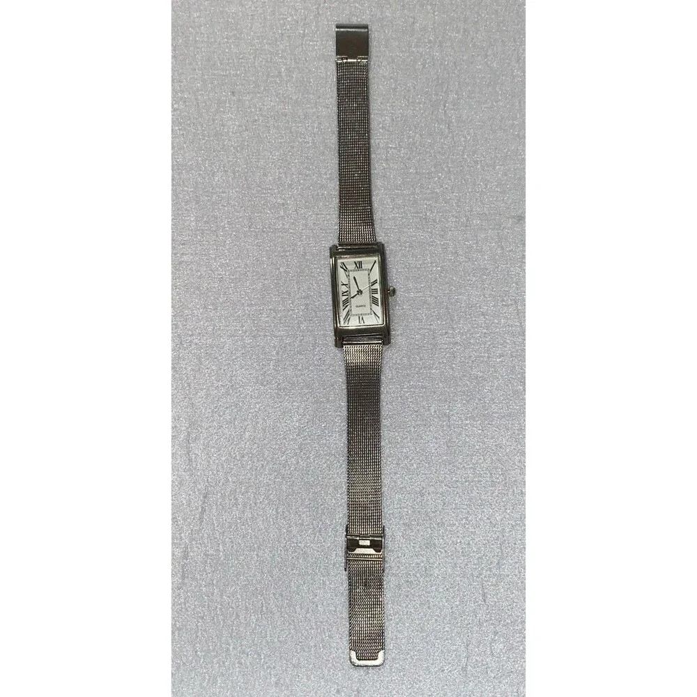 Silver Tone White Face Metallic Mesh Bracelet Tank Watch 8.5 Inch Band  20mm
